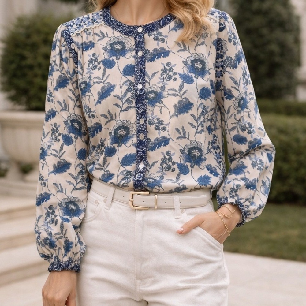 See And Be Seen Womens Blue Cream Floral Mixed‎ Print Lace Trim Blouse Large